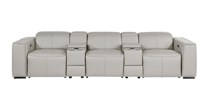 DivanItalia 1224 5-Piece Modular Power Reclining Sofa in Top Grain Italian Leather with 3 Power Recliners &amp; Power Headrests - Light Gray