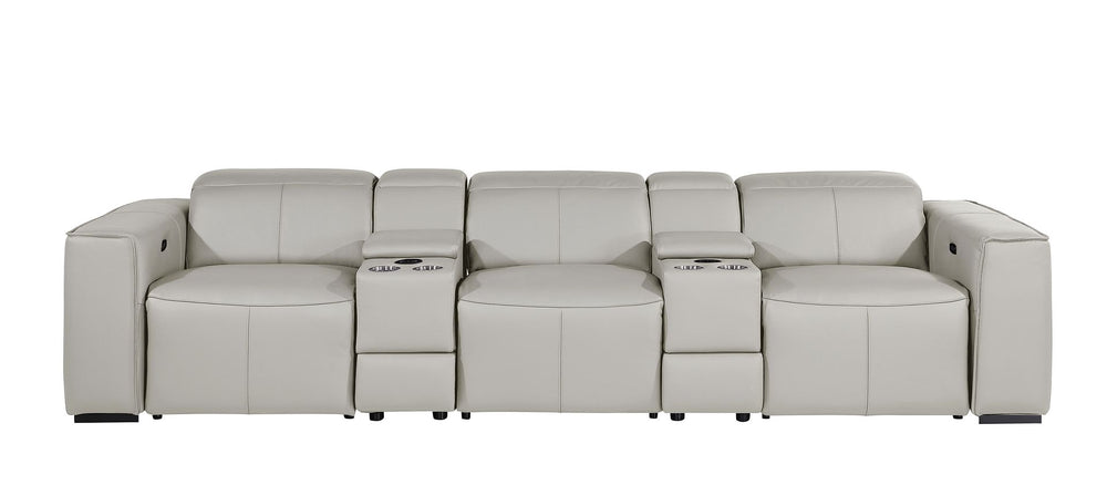 DivanItalia 1224 5-Piece Modular Power Reclining Sofa in Top Grain Italian Leather with 3 Power Recliners & Power Headrests - Light Gray