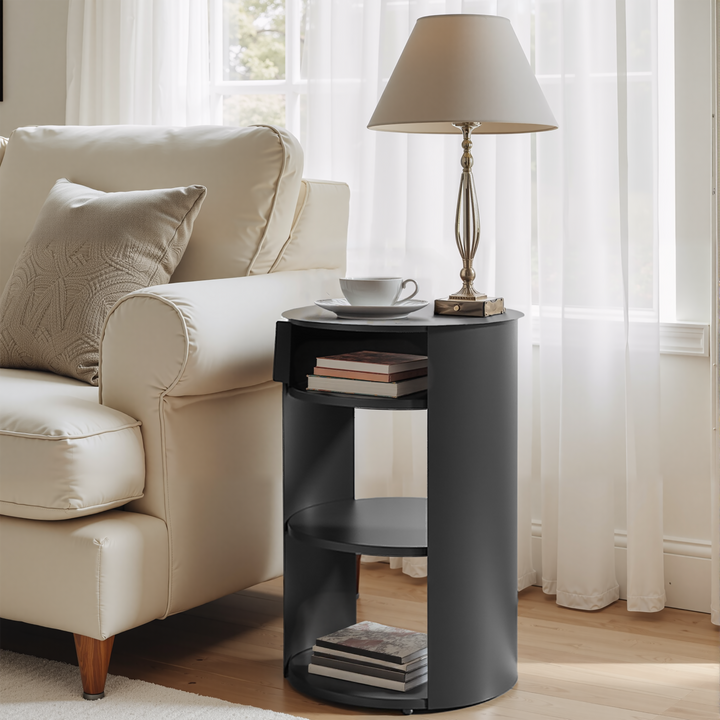 3-Tier Metal Side Table with Sliding Door – Black