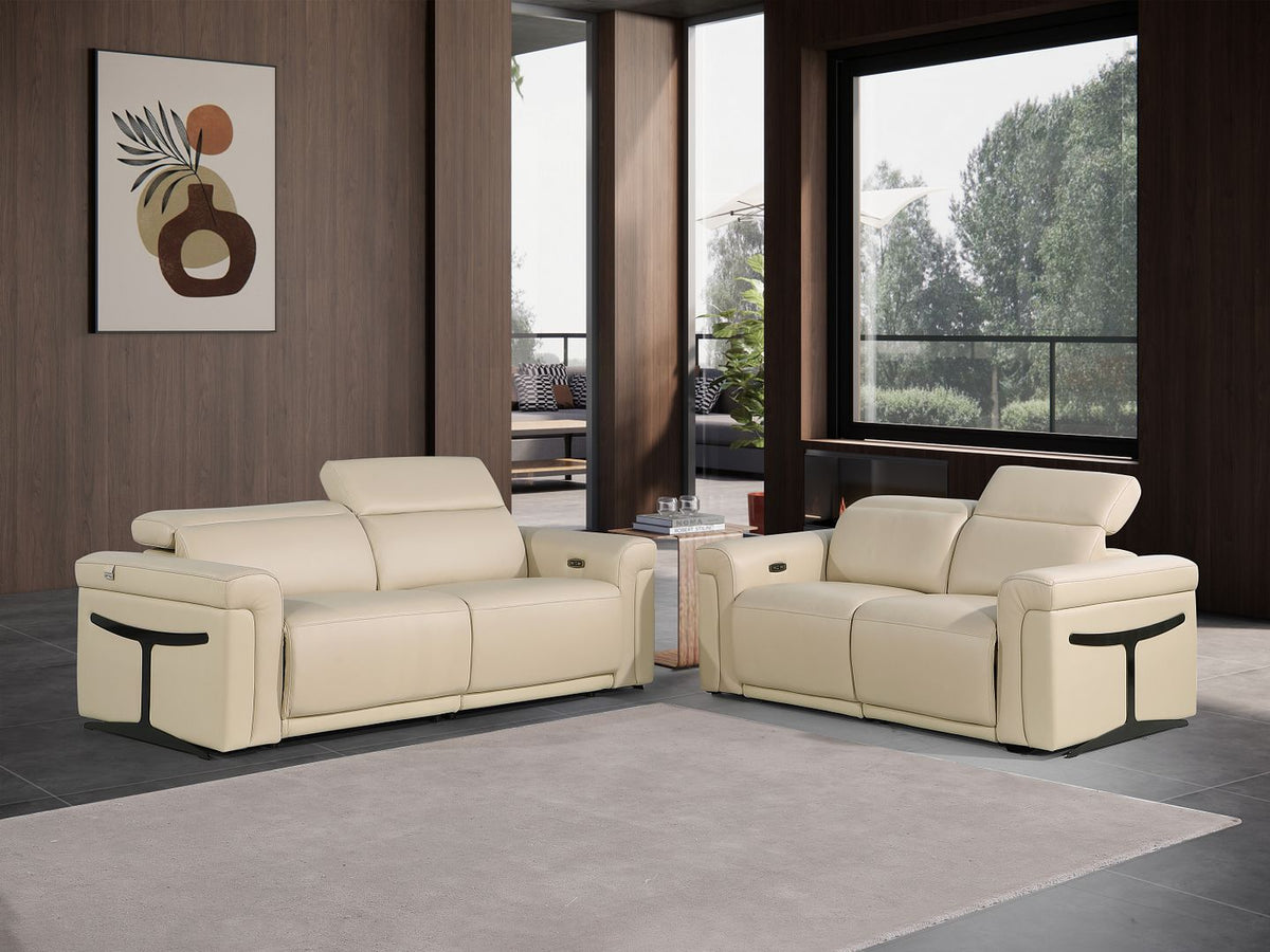 DivanItalia 1126 Power Reclining Sofa and Loveseat Set in Top Grain Italian Leather with 4 Power Recliners & Power Headrests - Beige