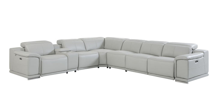 DivanItalia 9762 7-Piece L Shaped Top Grain Italian Leather Sectional Sofa with 4 Power Recliners - Light Gray