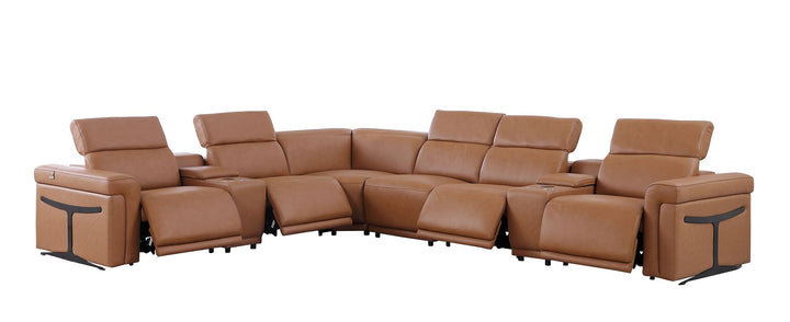 DivanItalia 1126 8-Piece L-Shaped Sectional Sofa in Top Grain Italian Leather with 4 Power Recliners &amp; Power Headrests - Cognac