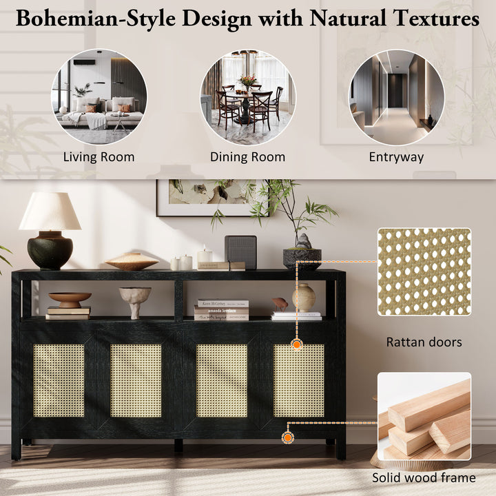 bohemian-style-rattan-sideboard-or-buffet-storage-cabinet-with-solid-wood-frame-black