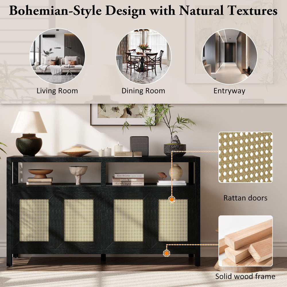 bohemian-style-rattan-sideboard-or-buffet-storage-cabinet-with-solid-wood-frame-black