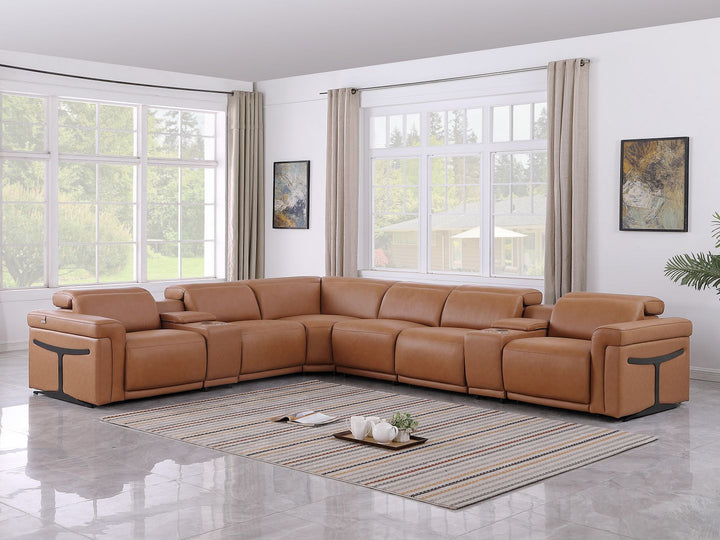 DivanItalia 1126 8-Piece L-Shaped Sectional Sofa in Top Grain Italian Leather with 4 Power Recliners &amp; Power Headrests - Cognac