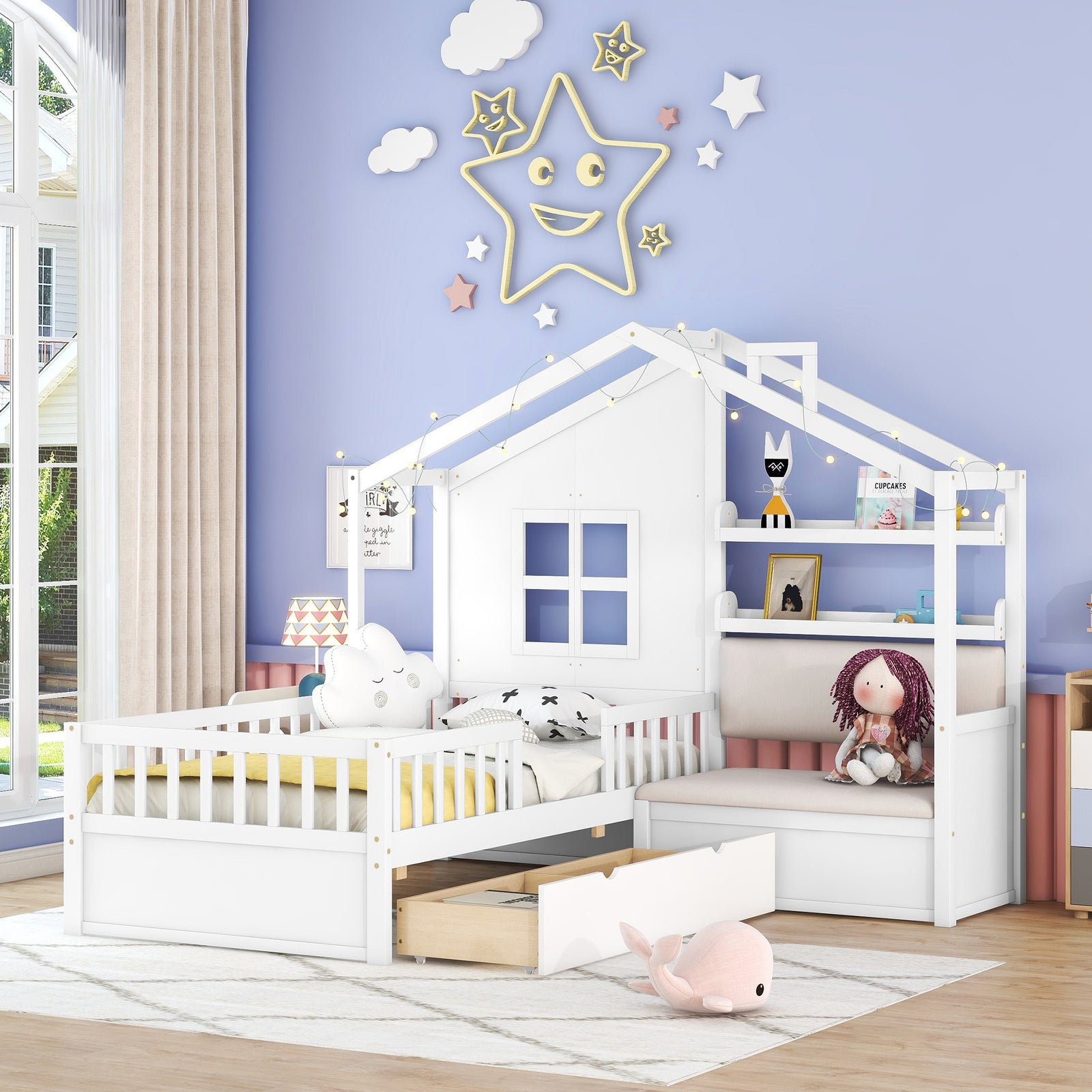 Twin Size House Bed Two Drawers, sofa and Storage Shelf, White