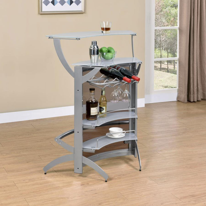 Dallas - 2 - Shelf Curved Freestanding Home Bar Cabinet - Silver Home Bars modern furniture Contempo Furniture