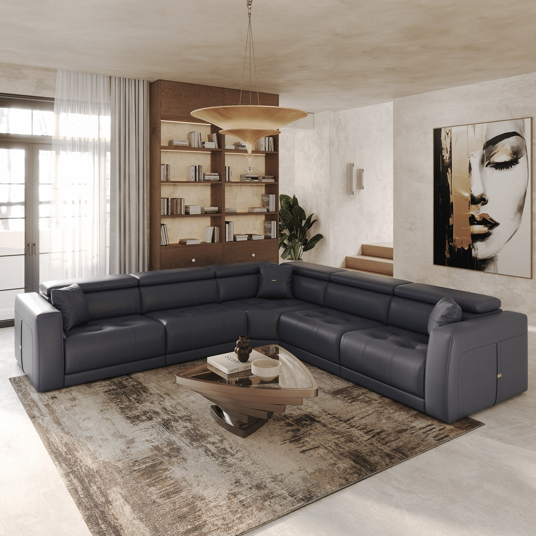 Dalton - Modern Italian Blue Leather Sectional + Recliners