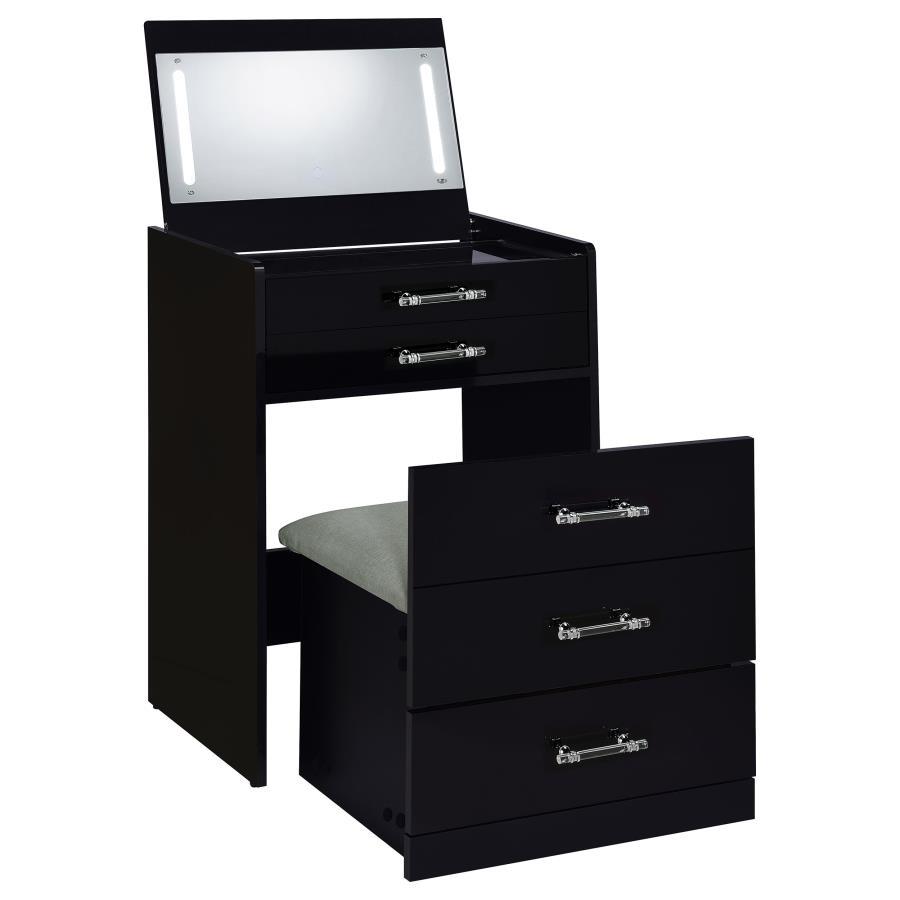 Danbury - 3 - Drawer Makeup Vanity & Stool Set - Black High Gloss Vanity Set modern furniture Contempo Furniture