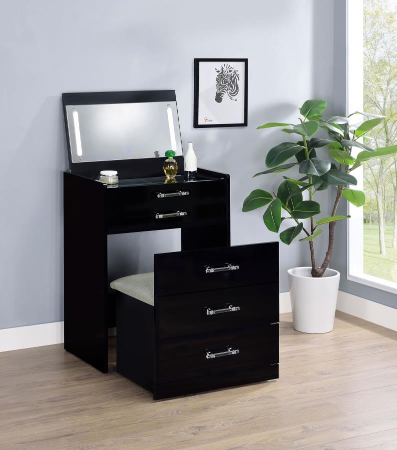 Danbury - 3 - Drawer Makeup Vanity & Stool Set - Black High Gloss Vanity Set modern furniture Contempo Furniture