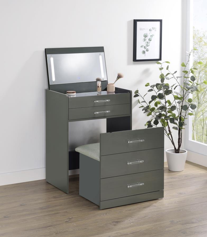 Danbury - 3 - Drawer Makeup Vanity & Stool Set - Gray High Gloss Vanity Set modern furniture Contempo Furniture