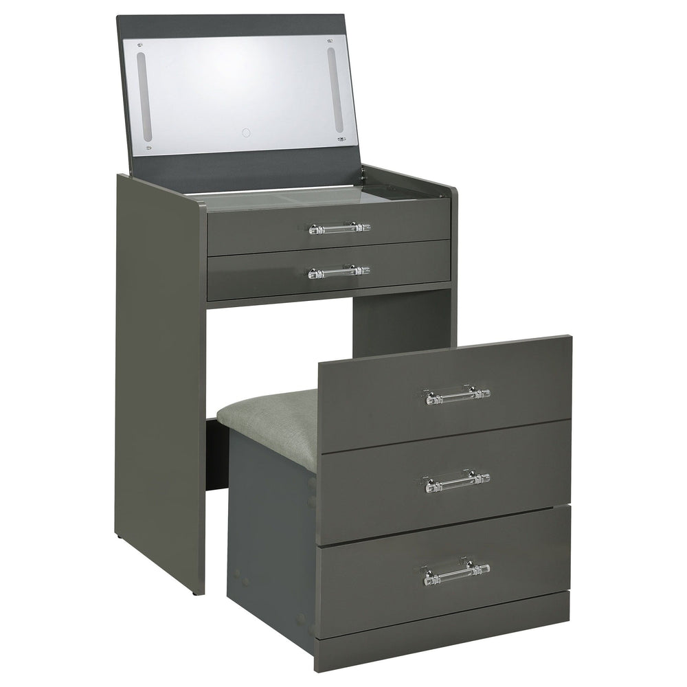 Danbury - 3 - Drawer Makeup Vanity & Stool Set - Gray High Gloss Vanity Set modern furniture Contempo Furniture