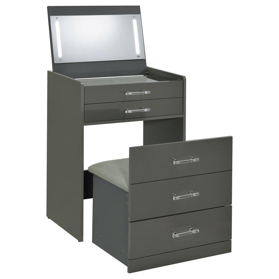 Danbury - 3 - Drawer Makeup Vanity & Stool Set - Gray High Gloss Vanity Set modern furniture Contempo Furniture
