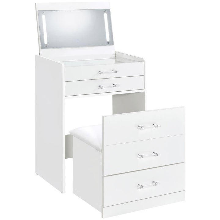 Danbury - 3 - Drawer Makeup Vanity &amp; Stool Set - White High Gloss Vanity Set modern furniture Contempo Furniture