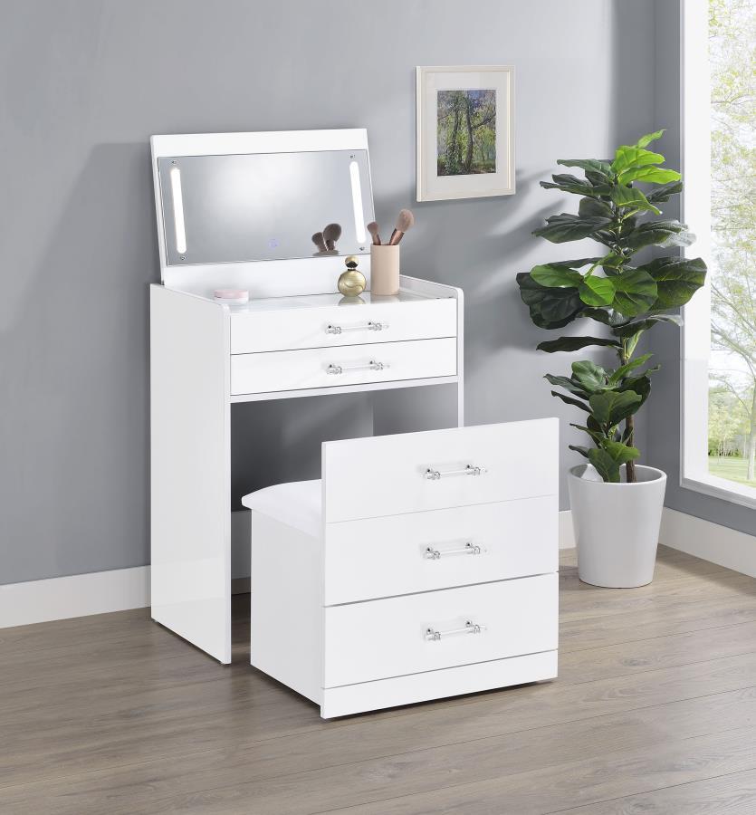 Danbury - 3 - Drawer Makeup Vanity & Stool Set - White High Gloss Vanity Set modern furniture Contempo Furniture