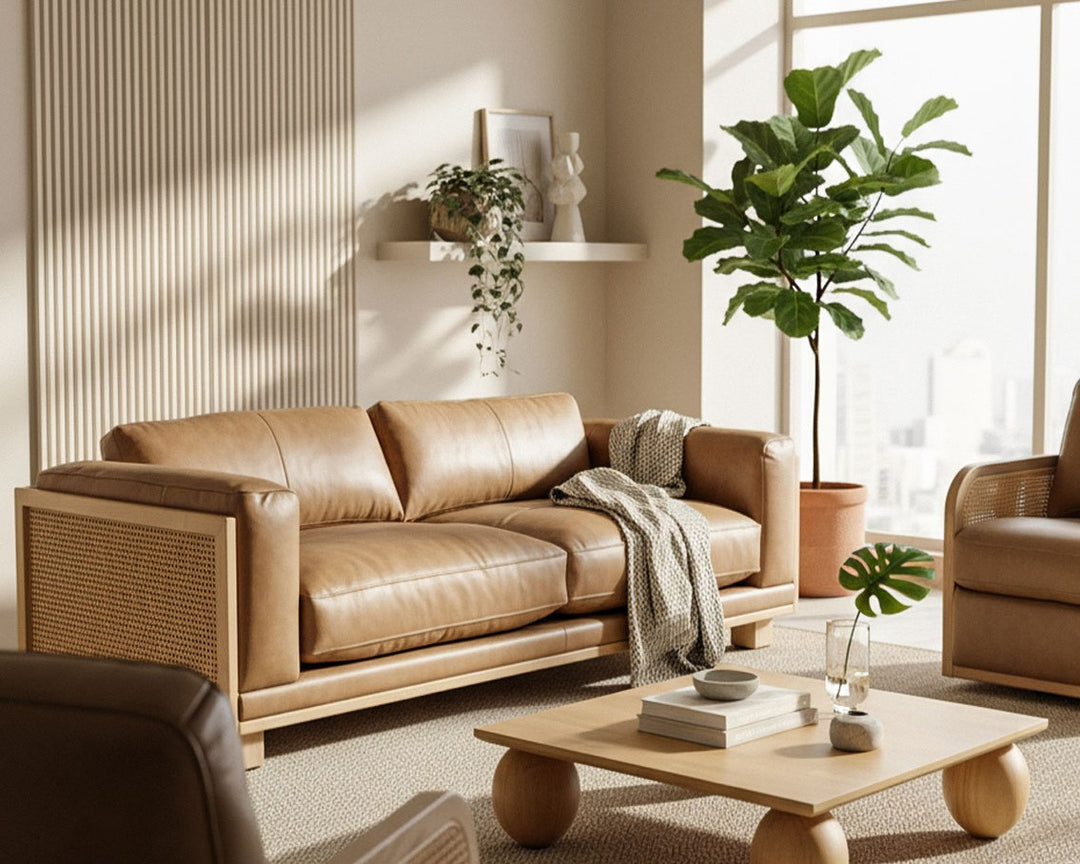 Danson  Modern Tan Leather + Wicker Sofa