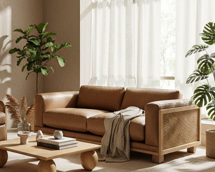 Danson - Modern Tan Leather + Wicker Sofa