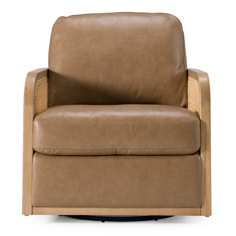 Danson - Modern Tan Leather + Wicker Swivel Accent Chair - View 4