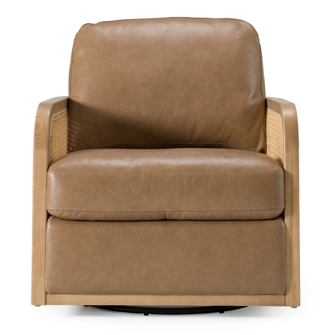 Danson - Modern Tan Leather + Wicker Swivel Accent Chair