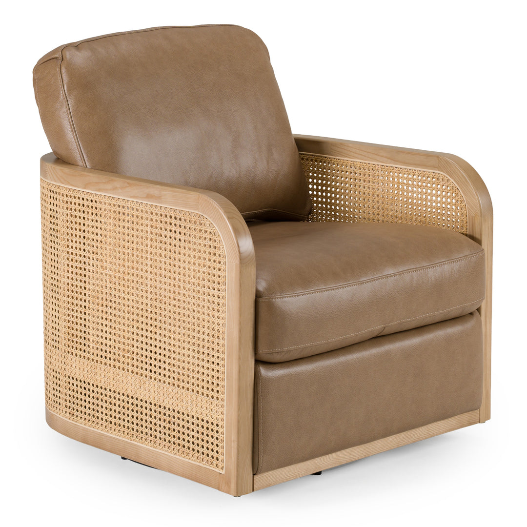 Danson  Modern Tan Leather + Wicker Swivel Accent Chair
