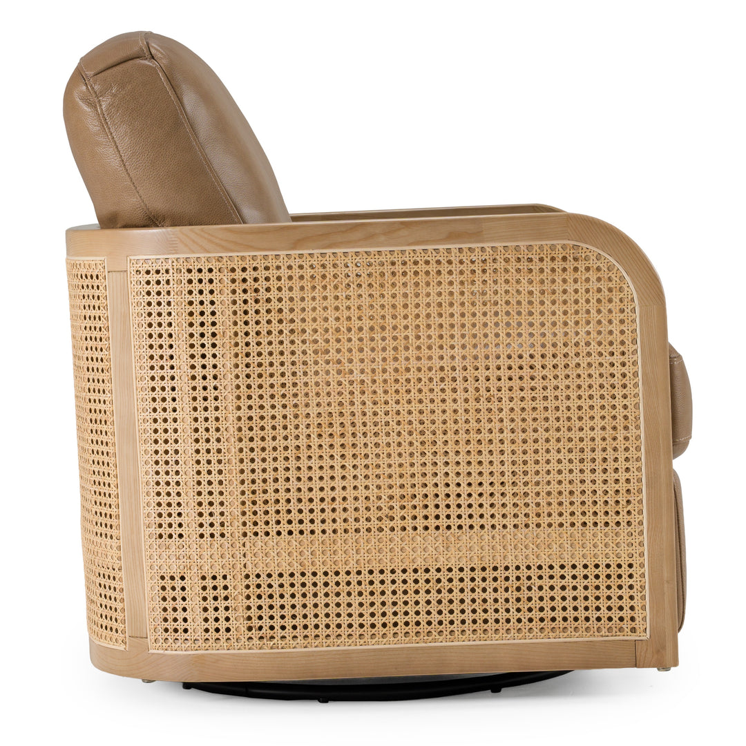 Danson  Modern Tan Leather + Wicker Swivel Accent Chair
