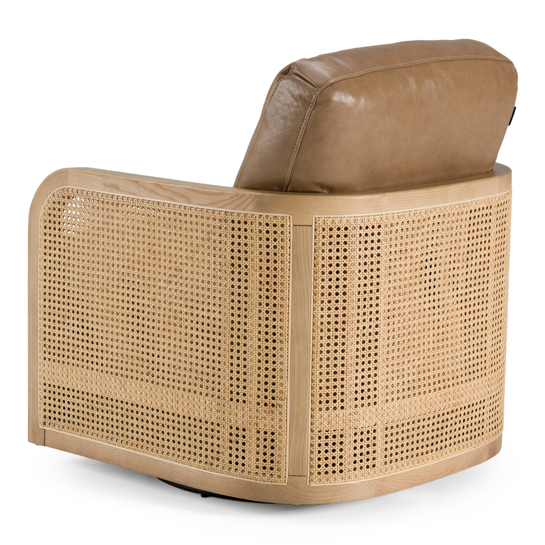 Danson - Modern Tan Leather + Wicker Swivel Accent Chair
