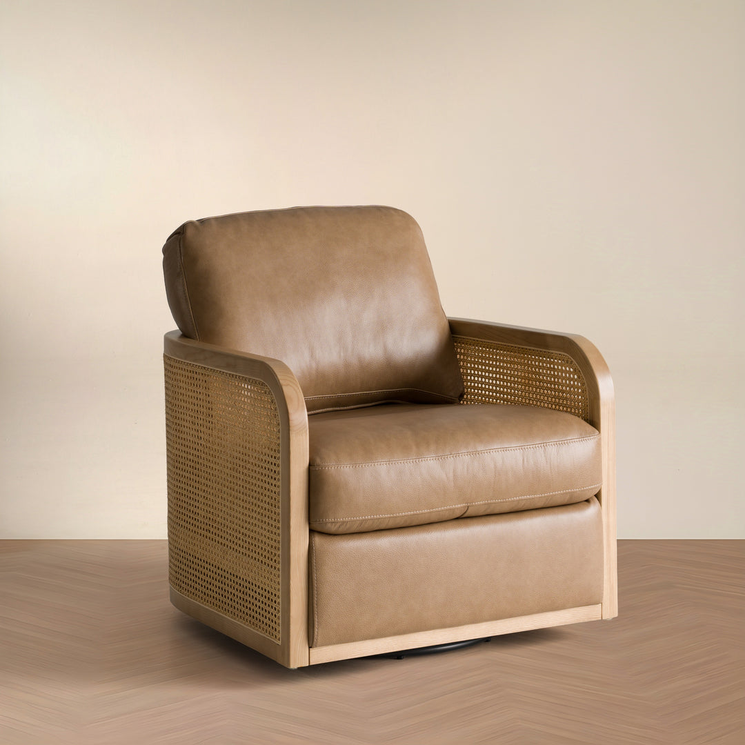Danson  Modern Tan Leather + Wicker Swivel Accent Chair