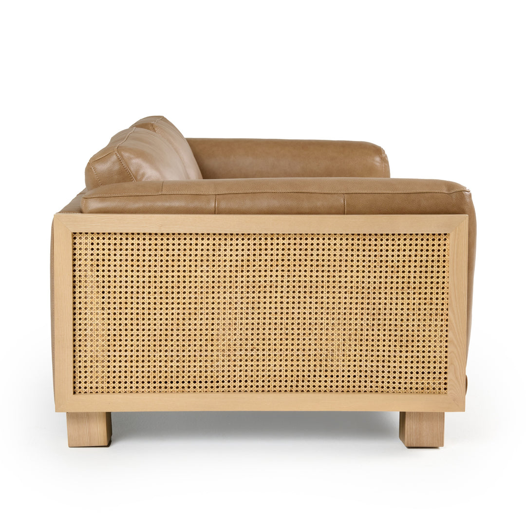 Danson  Modern Tan Leather + Wicker Sofa