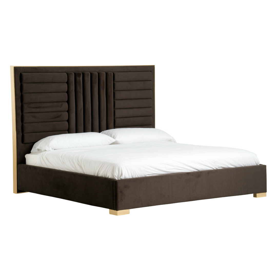Daystar + Roma - Modern Dark Brown Velvet + Walnut 4-Piece Bedroom Set