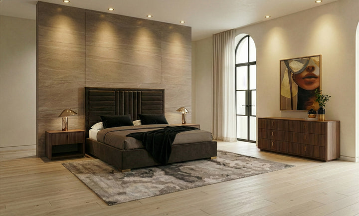 Daystar + Roma - Modern Dark Brown Velvet + Walnut 4-Piece Bedroom Set