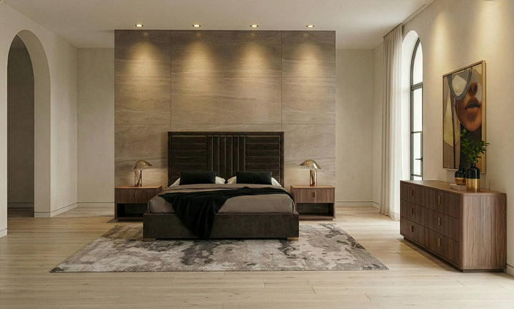 Daystar + Roma - Modern Dark Brown Velvet + Walnut 4-Piece Bedroom Set