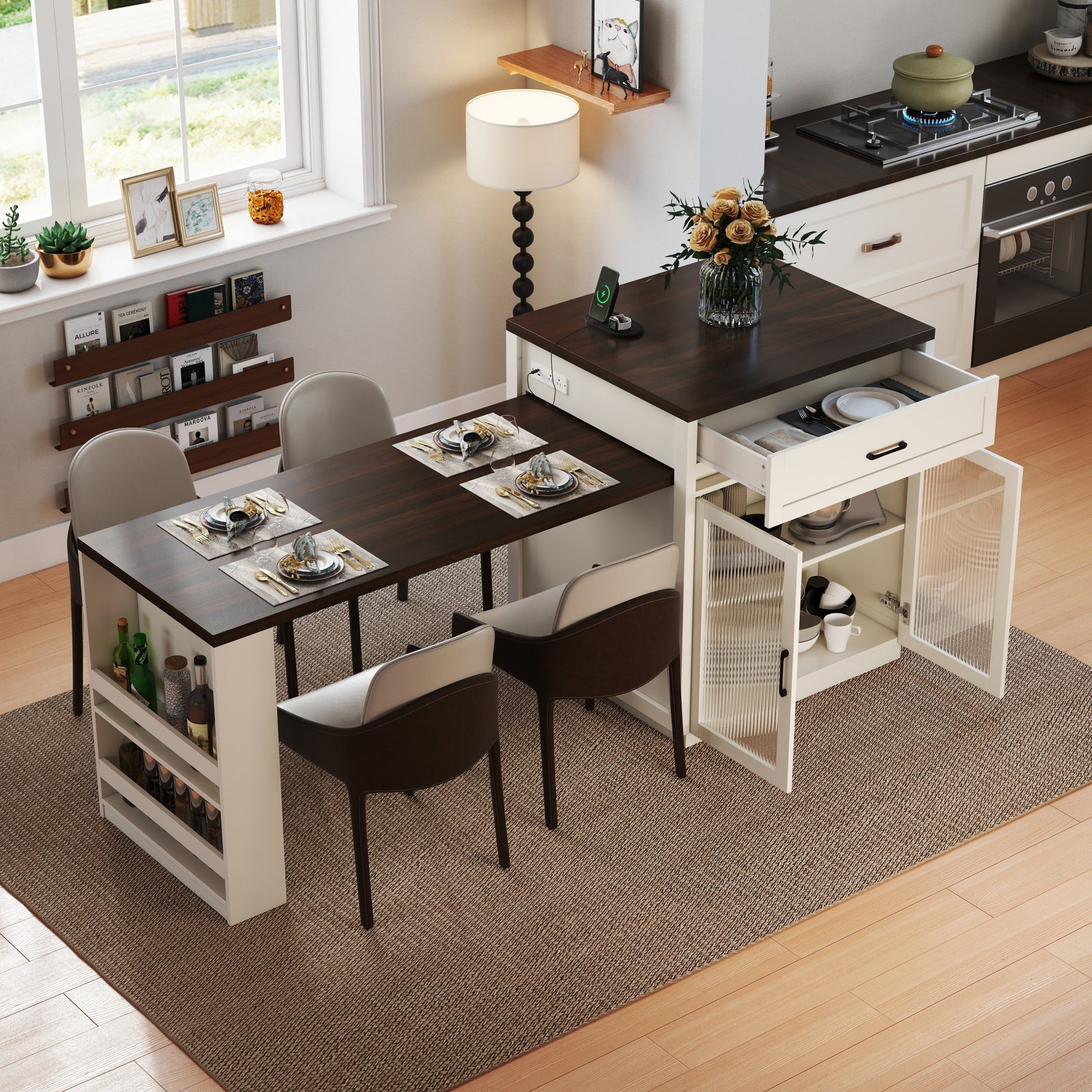 83.1" Extendable Kitchen Island with Slide-Out Table, Power Outlet & Storage Racks