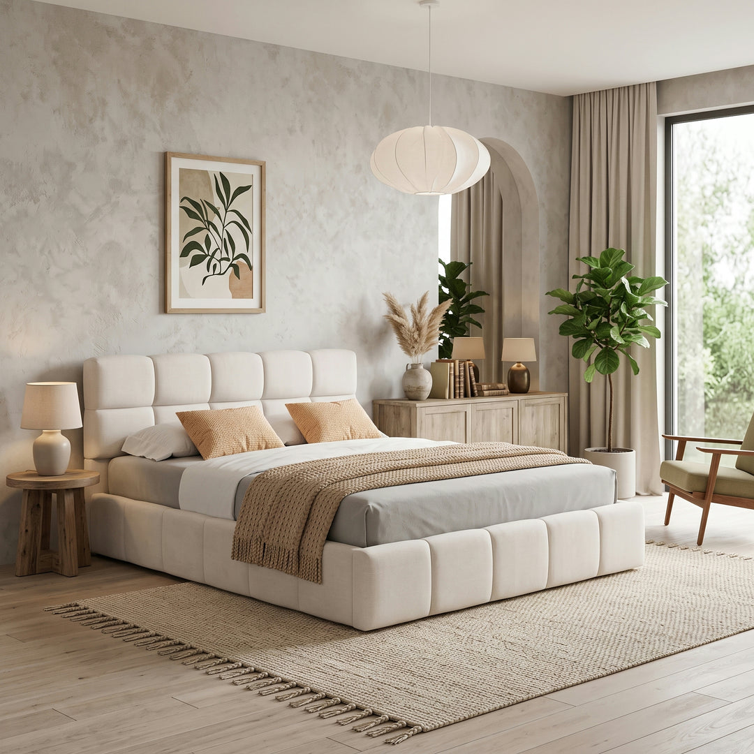 Checkerboard Chenille Queen Bed – Beige