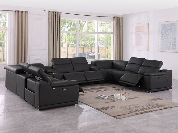 DivanItalia 9762 10-Piece U Shaped Top Grain Italian Leather Sectional Sofa with 4 Power Recliners - Black