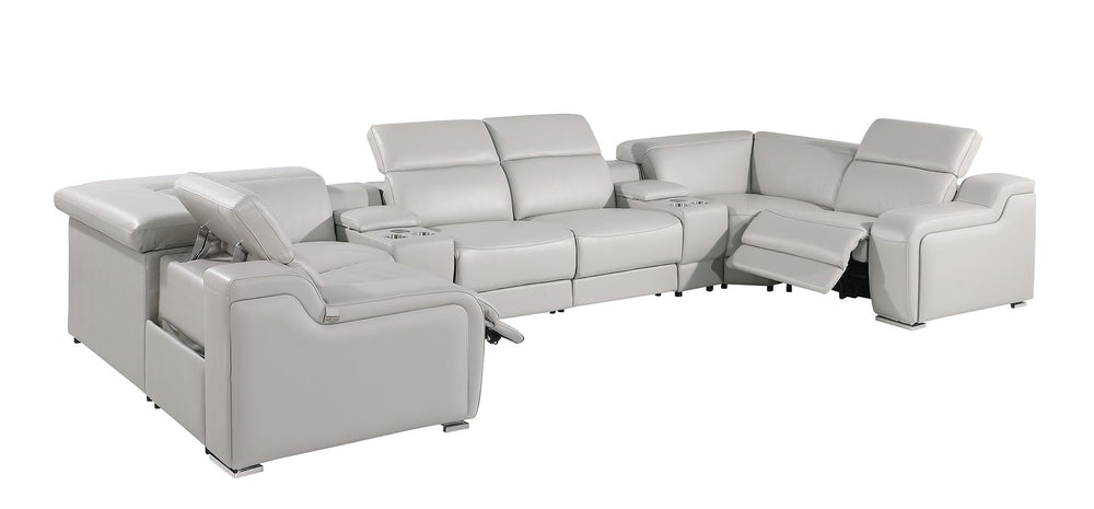 DivanItalia 1116 8-Piece U-Shaped Sectional Sofa in Top Grain Italian Leather with 2 Power Recliners & Power Headrests – with Console - Light Gray