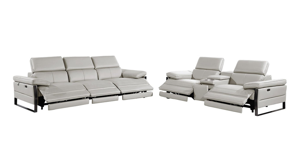 DivanItalia 1246 Modular Power Triple Reclining Sofa and Console Loveseat Set with Power Headrests – Top Grain Italian Leather - Light Gray