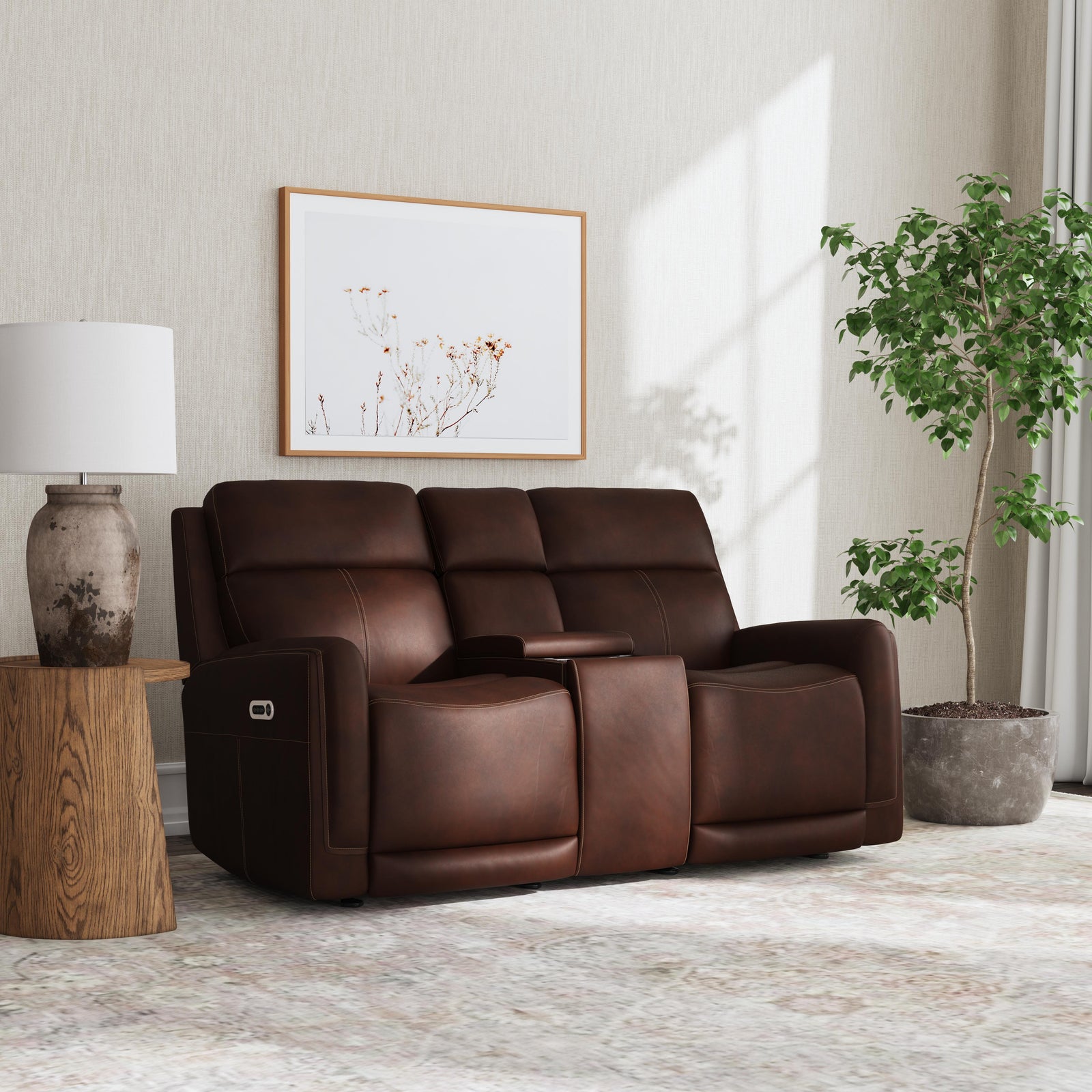 Alister Leather Power Gliding Loveseat with Console, Power Headrests & Lumbar in Burnt Umber