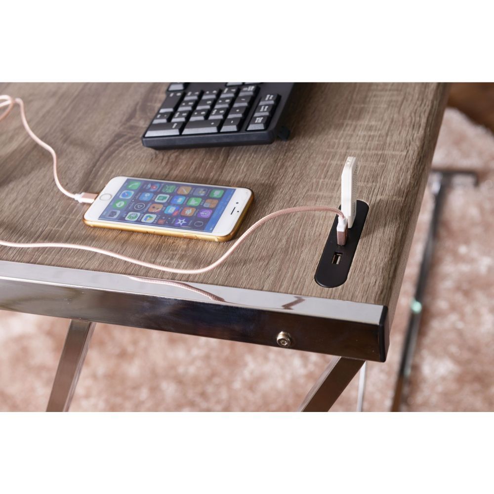 Finis - Writing Desk With USB - Weathered Oak & Chrome