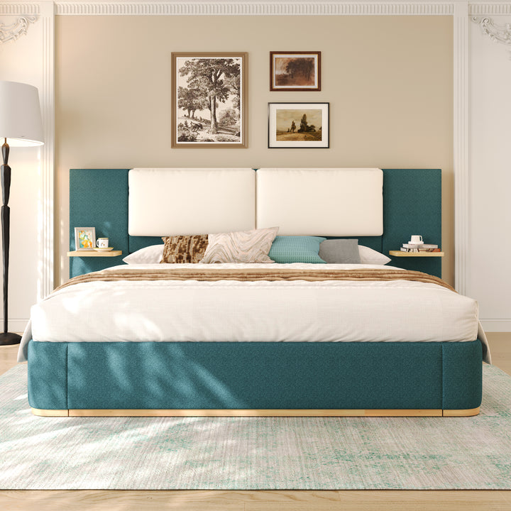 Upholstered King Bed with Side Shelves – Green