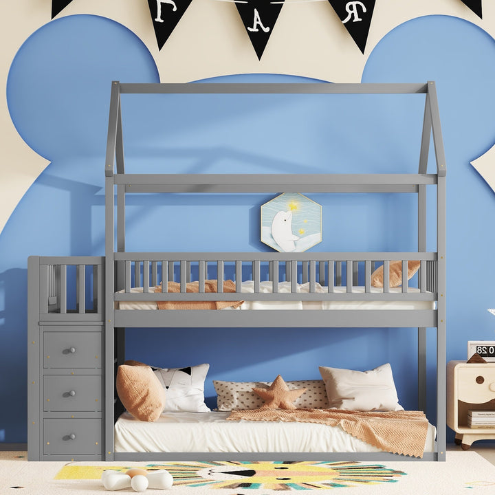twin-twin-house-bunk-bed-with-shelves-and-drawers-grey-color