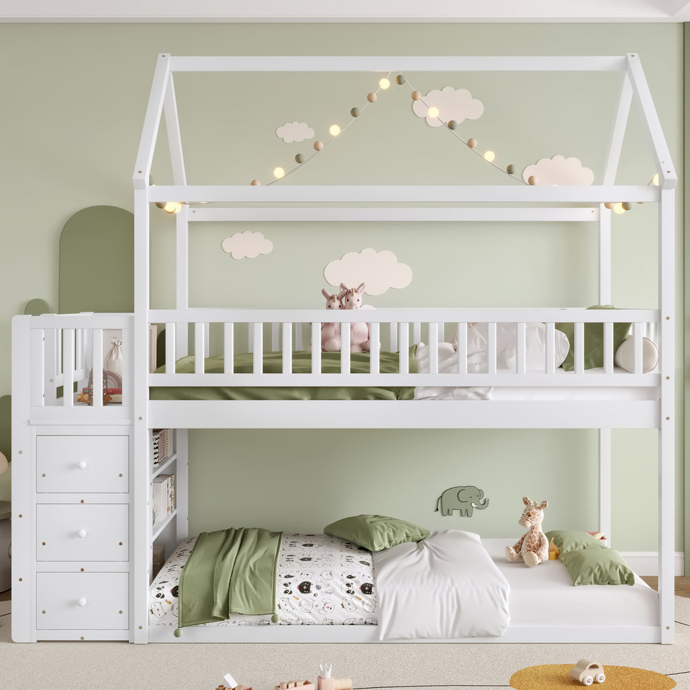 twin-twin-house-bunk-bed-with-shelves-and-drawers-white-color