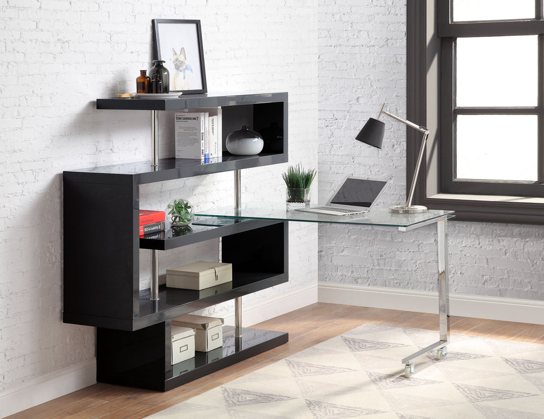 Buck II - Writing Desk With Bookshelf - Clear Glass, Chrome & Black High Gloss
