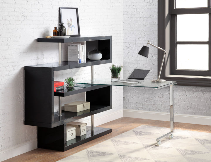 Buck II - Writing Desk With Bookshelf - Clear Glass, Chrome & Black High Gloss