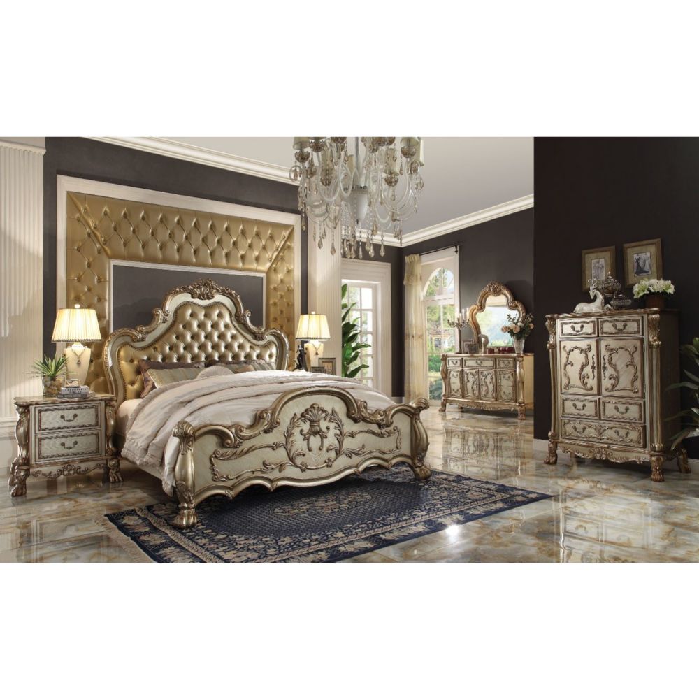 Dresden - Queen Bed - Bone Synthetic Leather & Gold Patina