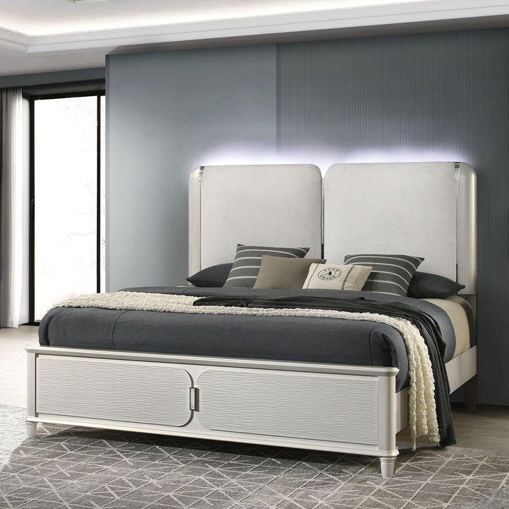 ACME Furniture Laveda Eastern King Bed With LED Light Gray Boucle & Pea