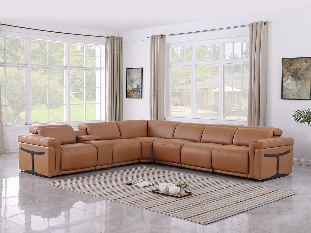DivanItalia 1126 7-Piece L-Shaped Sectional Sofa in Top Grain Italian Leather with 3 Power Recliners & Power Headrests - Cognac
