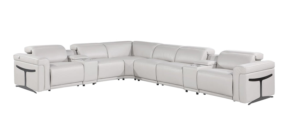 DivanItalia 1126 8-Piece L-Shaped Sectional Sofa in Top Grain Italian Leather with 4 Power Recliners & Power Headrests - Light Gray