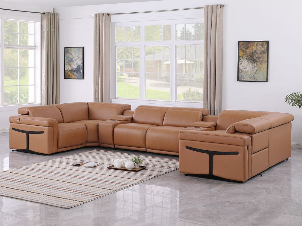 DivanItalia 1126 8-Piece U-Shaped Sectional Sofa in Top Grain Italian Leather with 2 Power Recliners & Power Headrests - Cognac