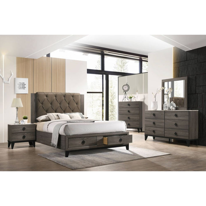 Avantika - Queen Bed With Storage - Fabric & Rustic Gray Oak