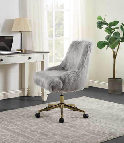 Arundell II - Office Chair - Gray Faux Fur & Gold